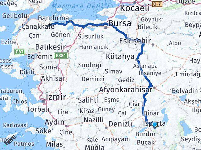 Isparta Biga Çanakkale Arası Kaç Km - Yol Haritası