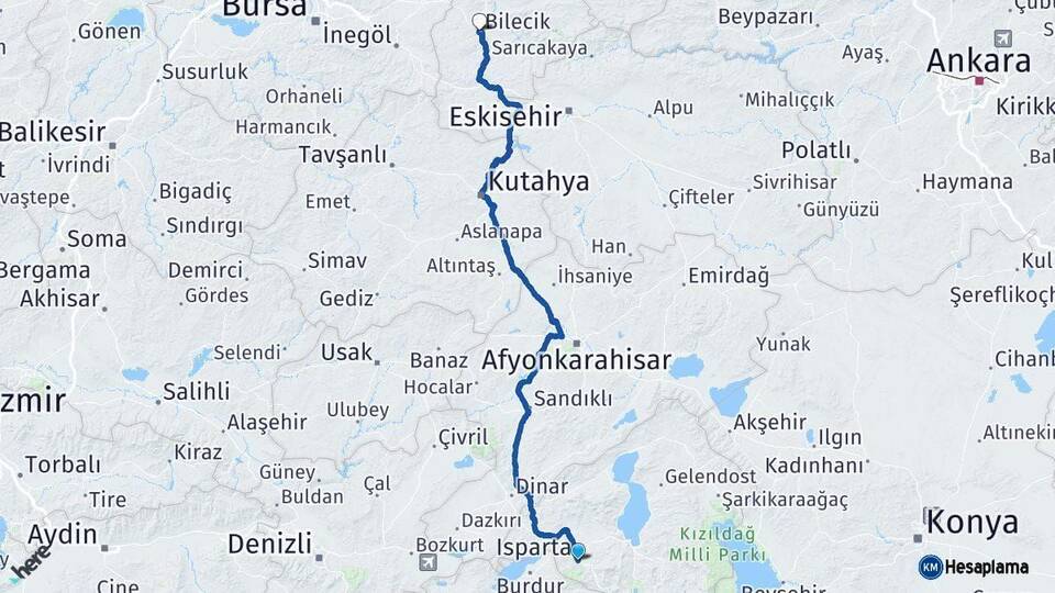 Isparta Bilecik Arası Kaç Km - Yol Haritası