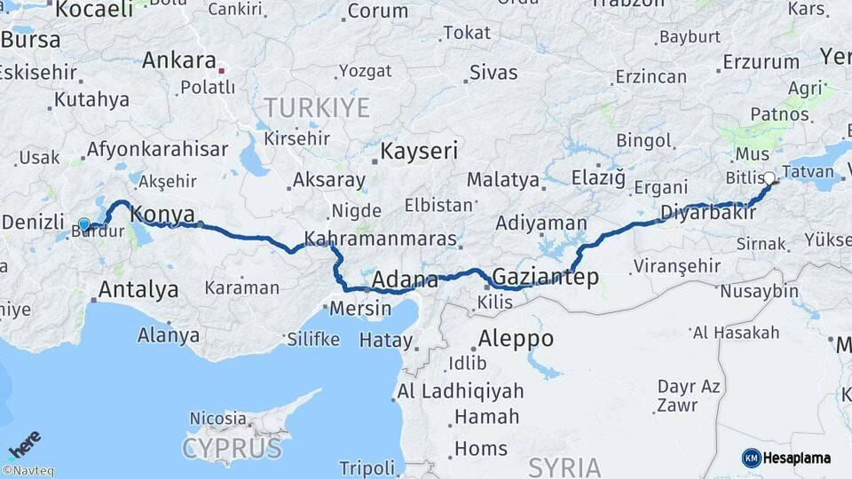 Isparta Bitlis Arası Kaç Km - Yol Haritası