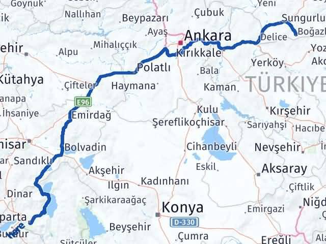 Isparta Boğazkale Çorum Arası Kaç Km - Yol Haritası