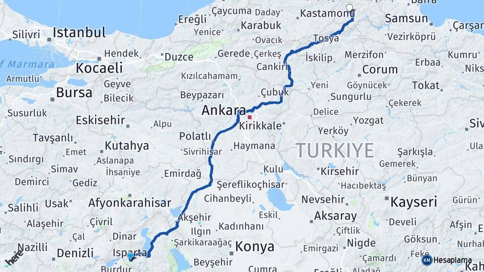 Isparta Boyabat Sinop Arası Kaç Km - Yol Haritası
