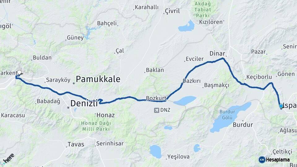 Isparta Buharkent Aydın Arası Kaç Km - Yol Haritası