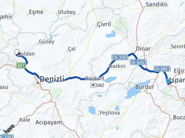 Isparta Buldan Denizli Arası Kaç Km - Yol Haritası
