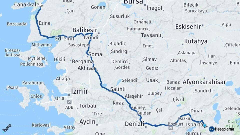 Isparta Çanakkale Arası Kaç Km - Yol Haritası