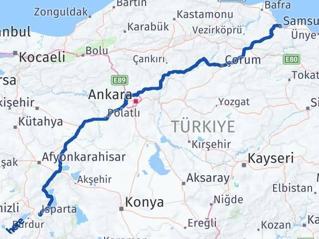 Isparta Canik Samsun Arası Kaç Km - Yol Haritası
