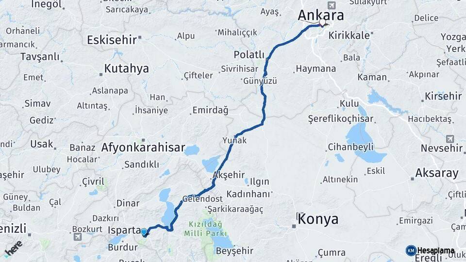 Isparta Çankaya Ankara Arası Kaç Km - Yol Haritası