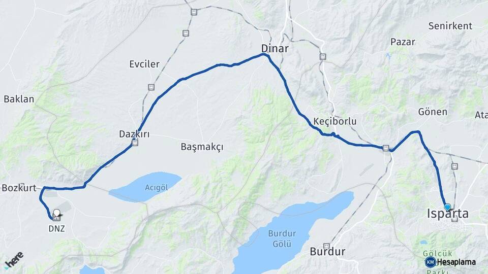 Isparta Çardak Havalimanı Arası Kaç Km - Yol Haritası