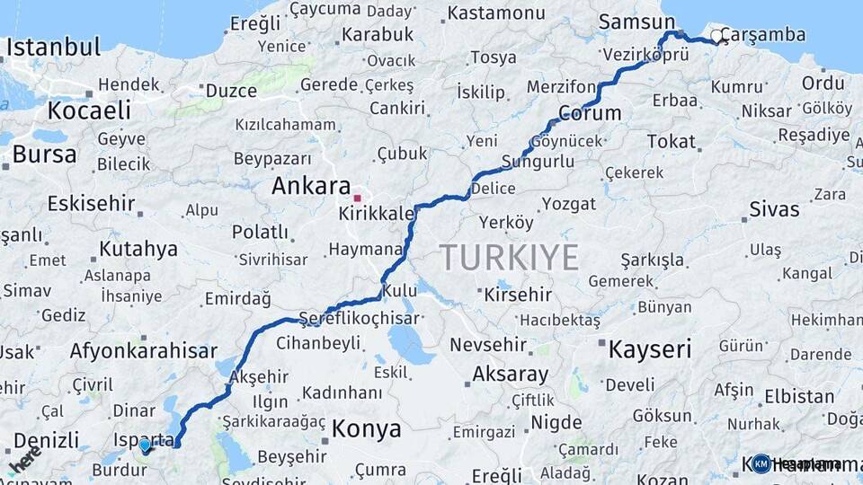 Isparta Çarşamba Samsun Arası Kaç Km - Yol Haritası