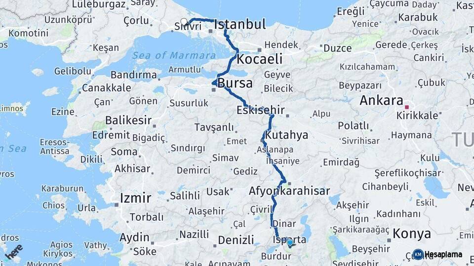Isparta Çatalca İstanbul Arası Kaç Km - Yol Haritası