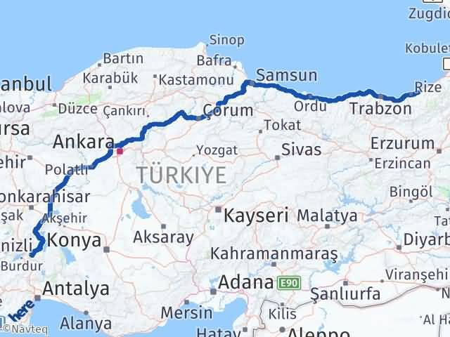 Isparta Çayeli Rize Arası Kaç Km - Yol Haritası