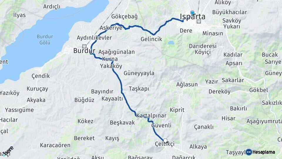 Isparta Çeltikçi Burdur Arası Kaç Km - Yol Haritası