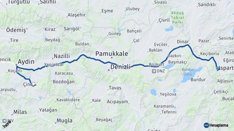 Isparta Çine Aydın Arası Kaç Km - Yol Haritası