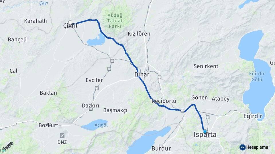 Isparta Çivril Denizli Arası Kaç Km - Yol Haritası