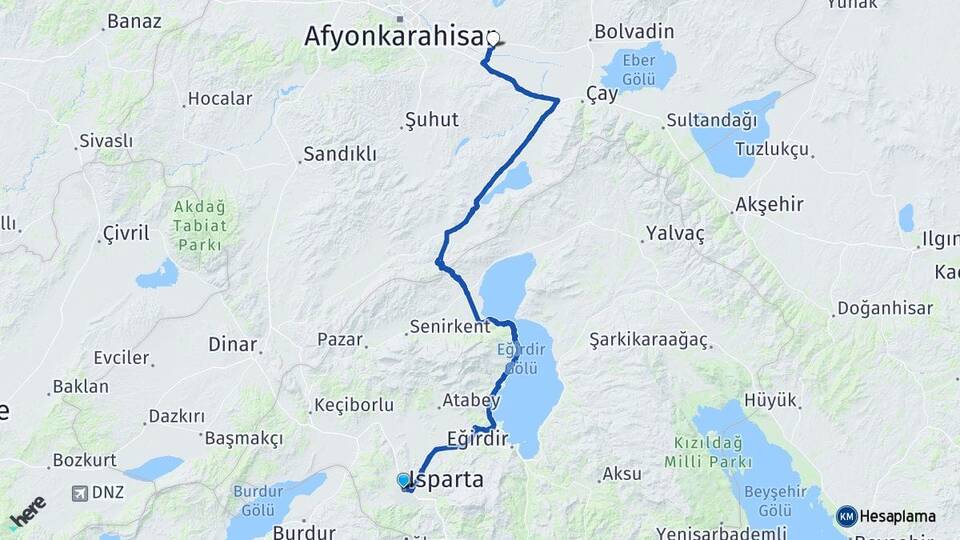 Isparta Çobanlar Afyonkarahisar Arası Kaç Km - Yol Haritası
