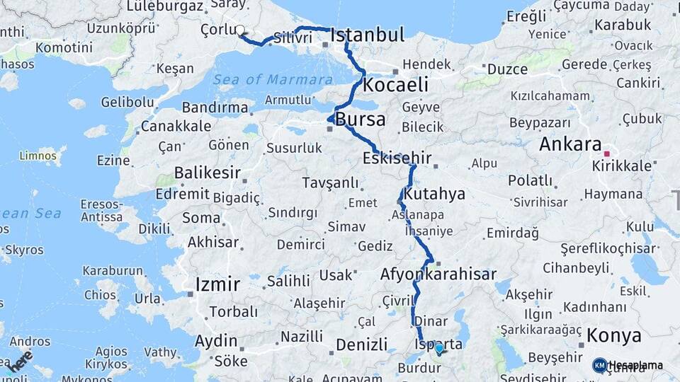 Isparta Çorlu Tekirdağ Arası Kaç Km - Yol Haritası