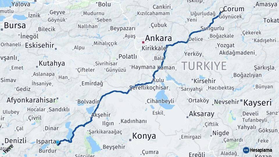 Isparta Çorum Arası Kaç Km - Yol Haritası