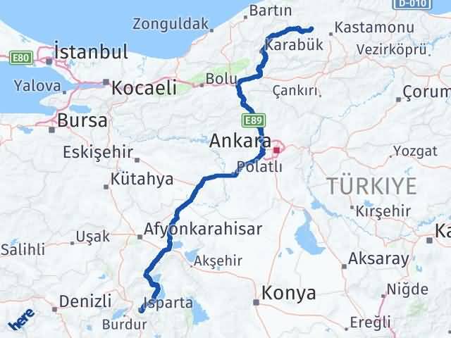 Isparta Daday Kastamonu Arası Kaç Km - Yol Haritası