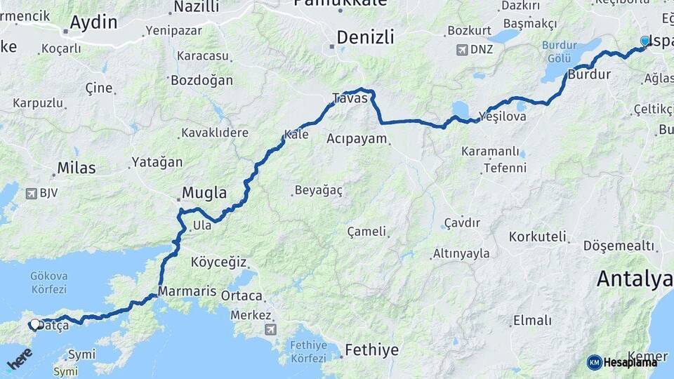 Isparta Datça Muğla Arası Kaç Km - Yol Haritası