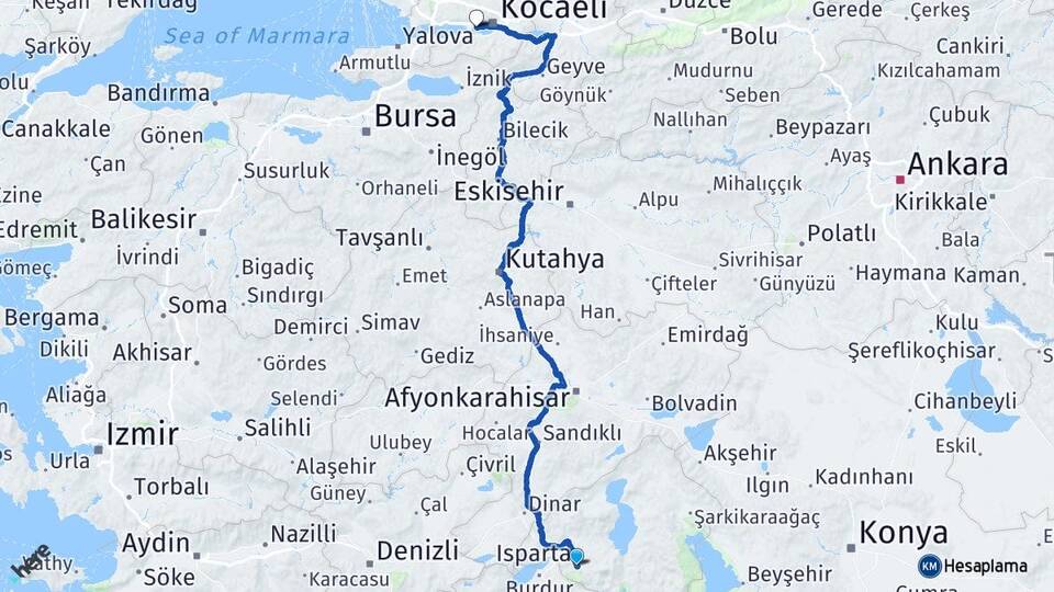 Isparta Derince Kocaeli Arası Kaç Km - Yol Haritası