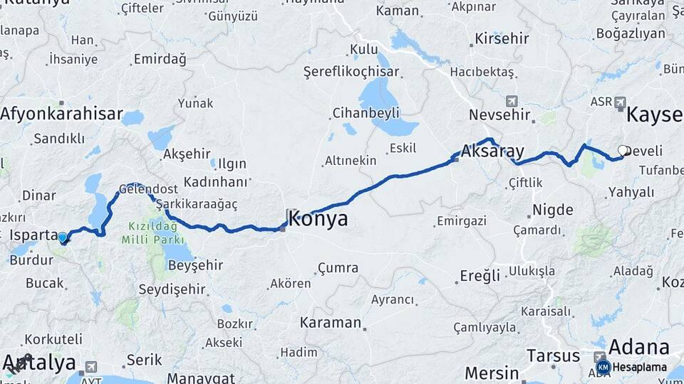 Isparta Develi Kayseri Arası Kaç Km - Yol Haritası