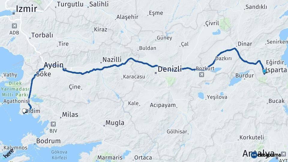 Isparta Didim Aydın Arası Kaç Km - Yol Haritası