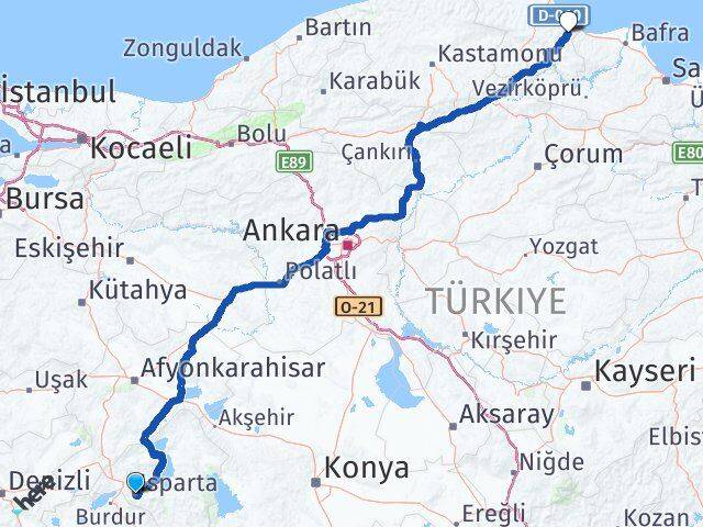 Isparta Dikmen Sinop Arası Kaç Km - Yol Haritası