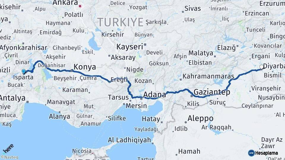Isparta Diyarbakır Arası Kaç Km - Yol Haritası