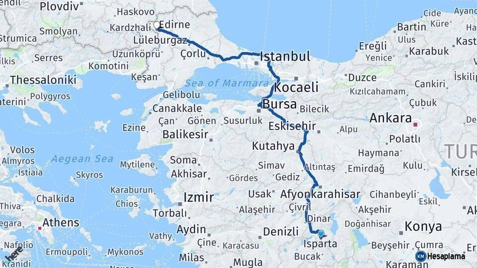 Isparta Edirne Arası Kaç Km - Yol Haritası
