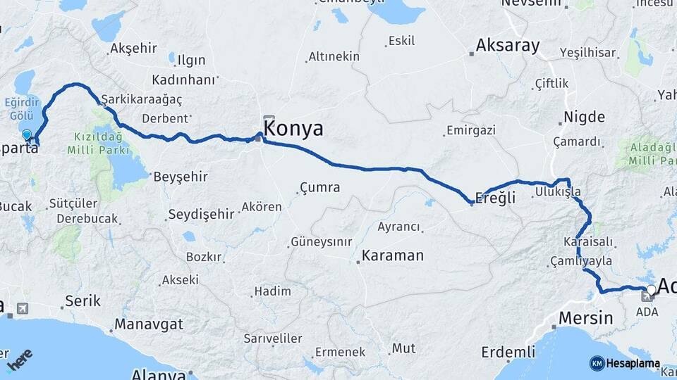 Isparta Eğirdir Adana Arası Kaç Km - Yol Haritası