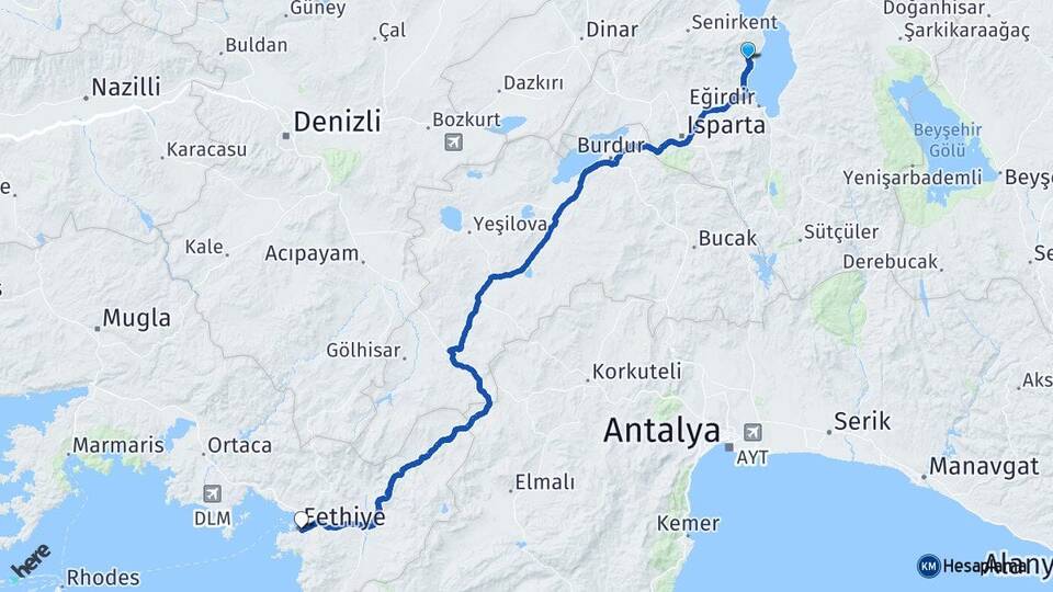 Isparta Eğirdir Barla Fethiye Muğla Arası Kaç Km - Yol Haritası