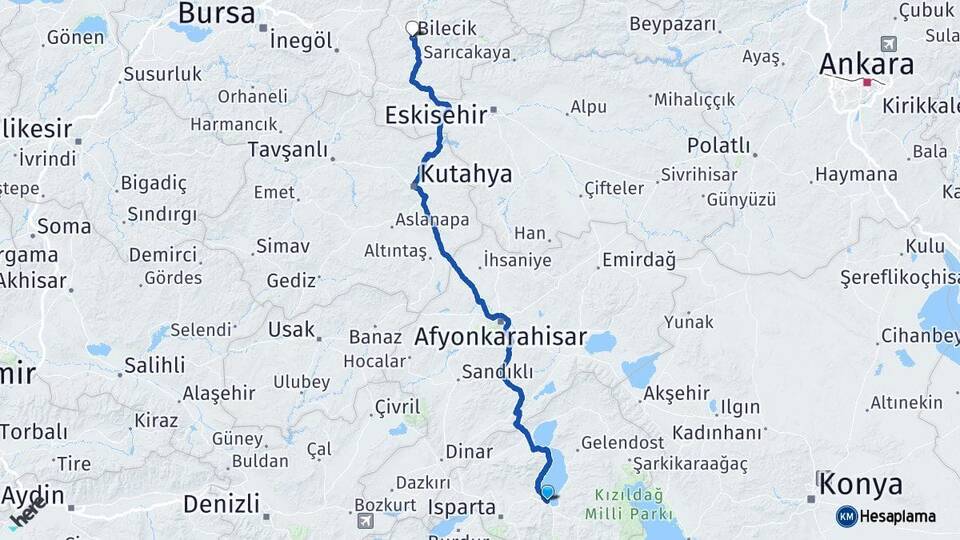 Isparta Eğirdir Bilecik Arası Kaç Km - Yol Haritası
