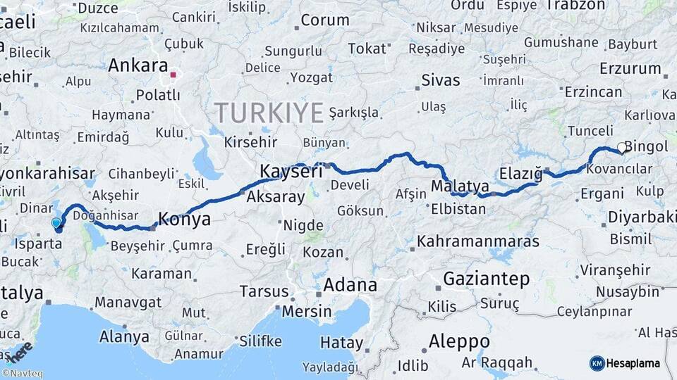 Isparta Eğirdir Bingöl Arası Kaç Km - Yol Haritası