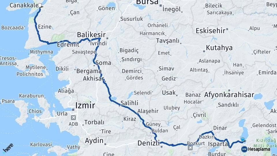 Isparta Eğirdir Çanakkale Arası Kaç Km - Yol Haritası