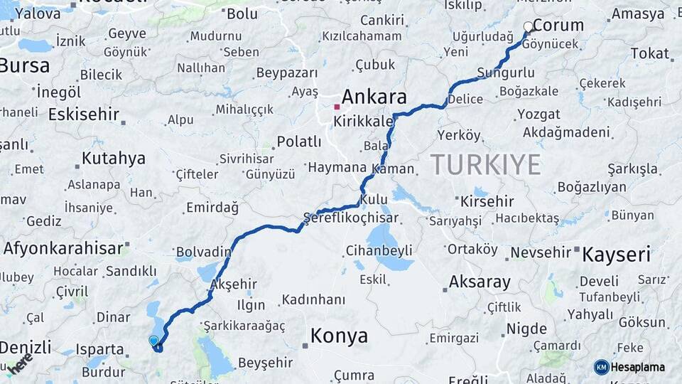 Isparta Eğirdir Çorum Arası Kaç Km - Yol Haritası