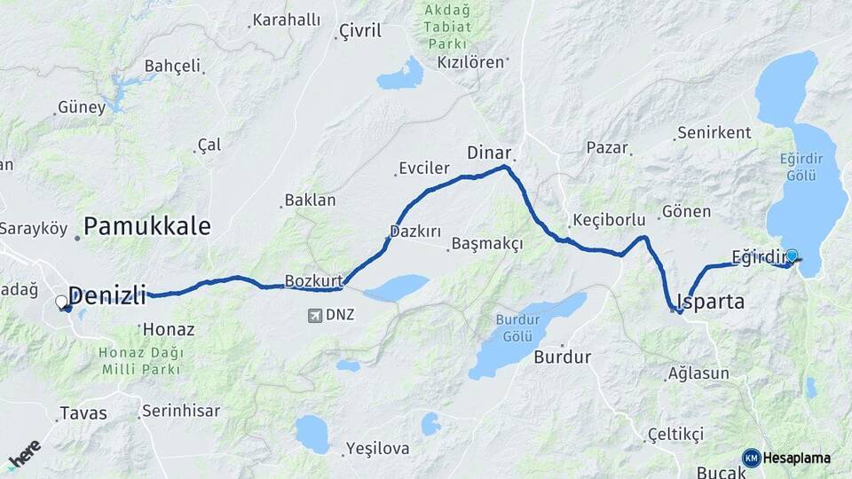 Isparta Eğirdir Denizli Arası Kaç Km - Yol Haritası