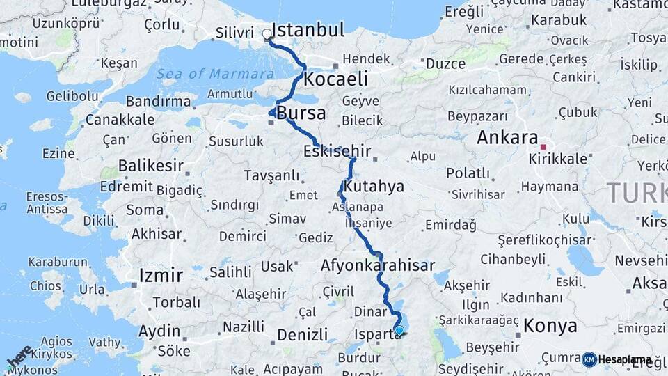 Isparta Eğirdir İstanbul Arası Kaç Km - Yol Haritası