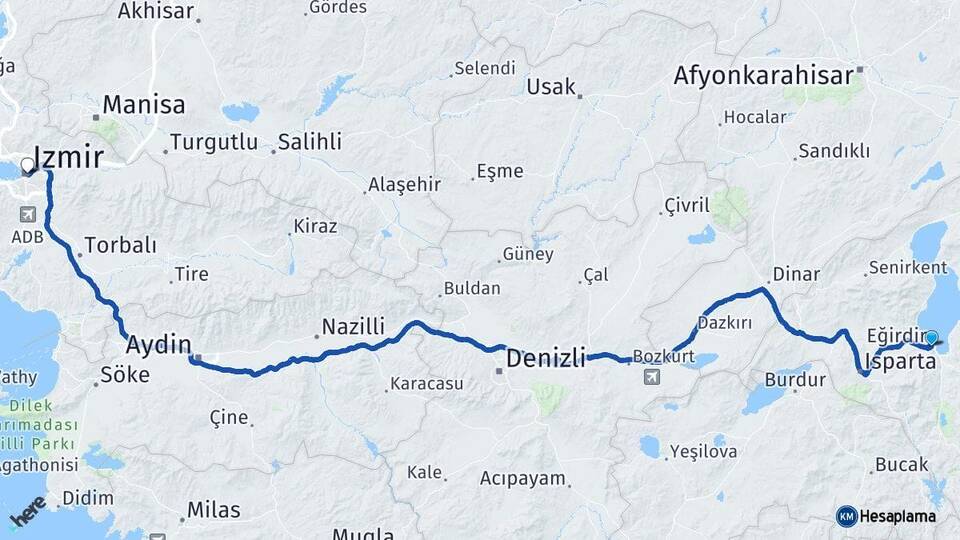 Isparta Eğirdir İzmir Arası Kaç Km - Yol Haritası