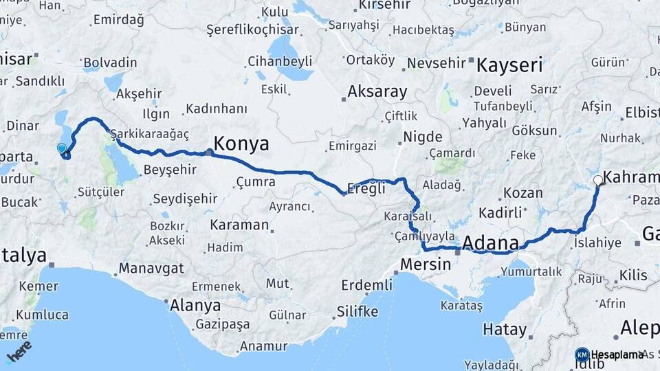 Isparta Eğirdir Kahramanmaraş Arası Kaç Km - Yol Haritası