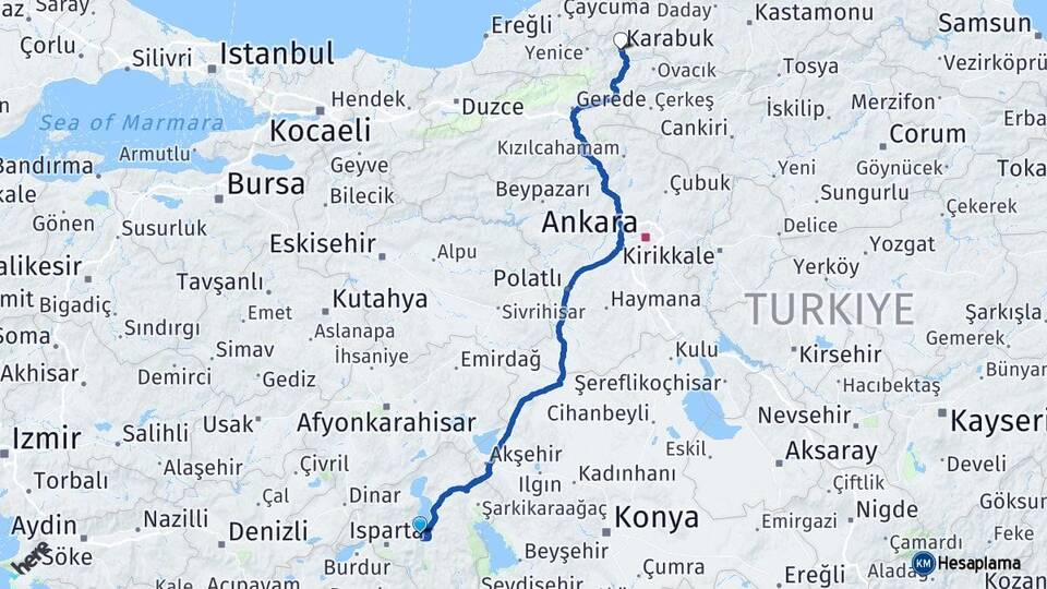 Isparta Eğirdir Karabük Arası Kaç Km - Yol Haritası