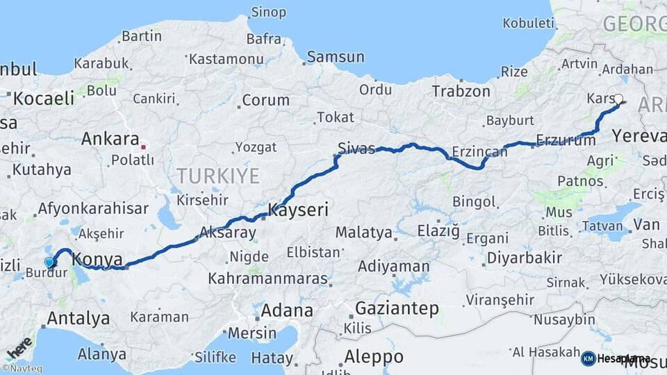 Isparta Eğirdir Kars Arası Kaç Km - Yol Haritası