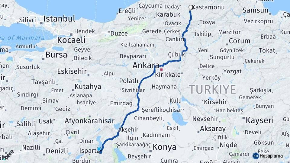 Isparta Eğirdir Kastamonu Arası Kaç Km - Yol Haritası