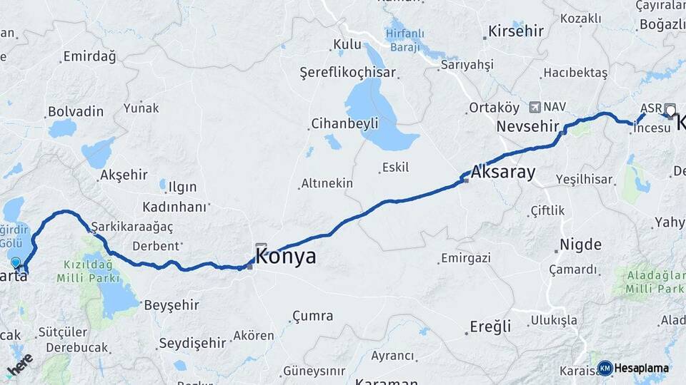 Isparta Eğirdir Kayseri Arası Kaç Km - Yol Haritası