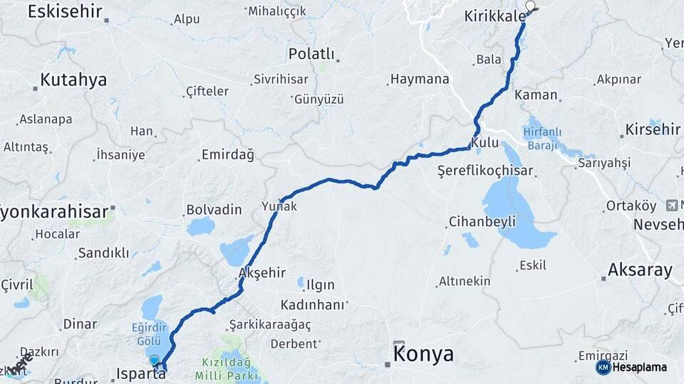 Isparta Eğirdir Kırıkkale Arası Kaç Km - Yol Haritası