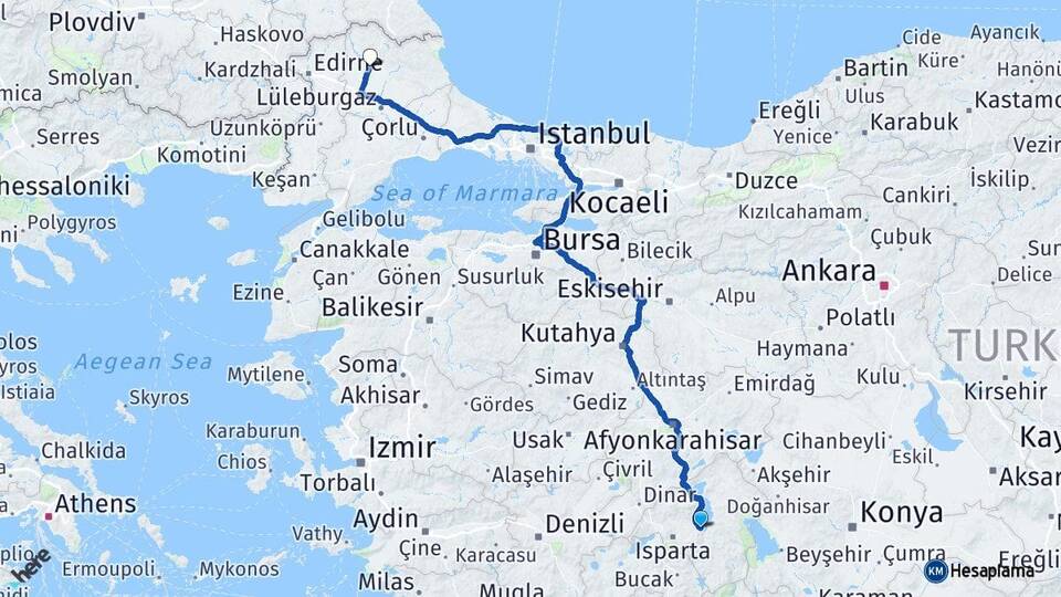 Isparta Eğirdir Kırklareli Arası Kaç Km - Yol Haritası