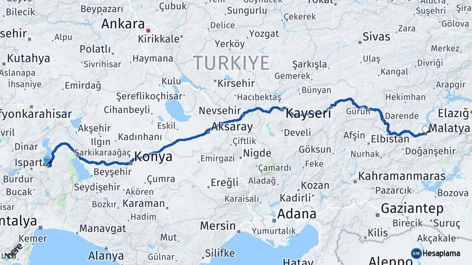 Isparta Eğirdir Malatya Arası Kaç Km - Yol Haritası