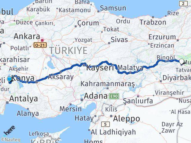 Isparta Eğirdir Muş Arası Kaç Km - Yol Haritası