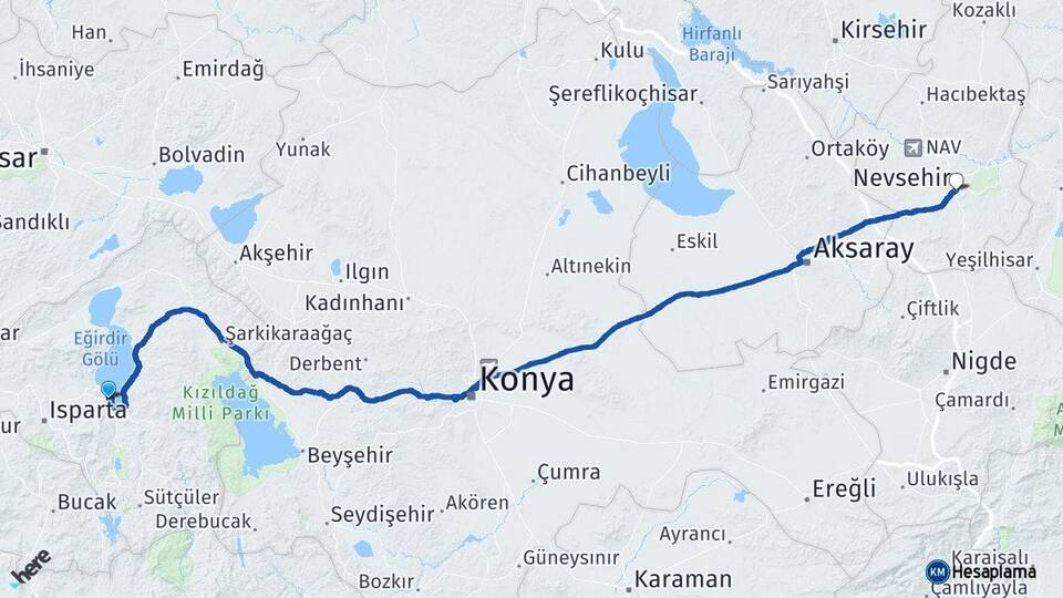Isparta Eğirdir Nevşehir Arası Kaç Km - Yol Haritası
