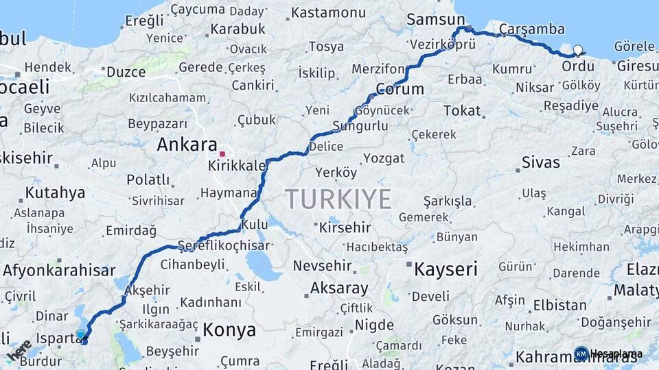 Isparta Eğirdir Ordu Arası Kaç Km - Yol Haritası