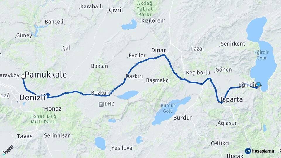 Isparta Eğirdir Pamukkale Denizli Arası Kaç Km - Yol Haritası