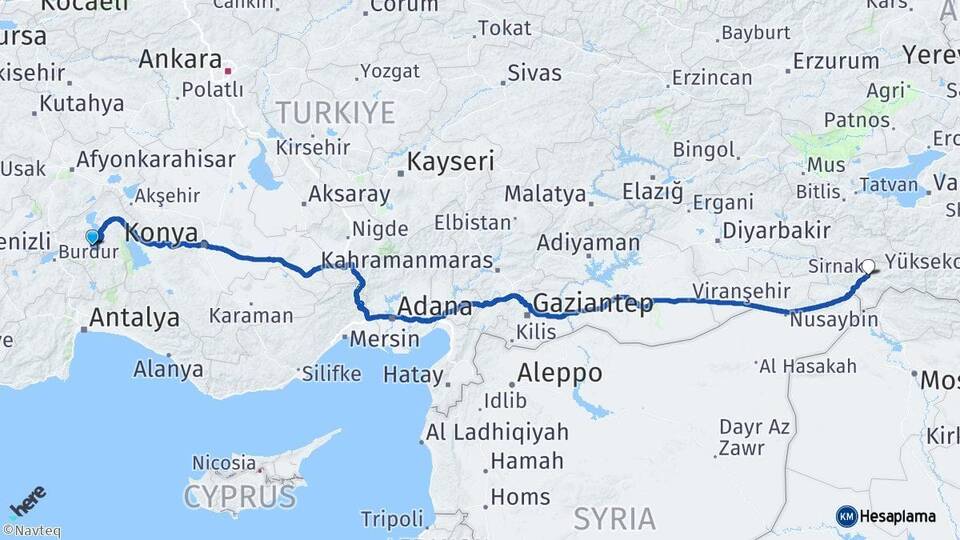 Isparta Eğirdir Şırnak Arası Kaç Km - Yol Haritası